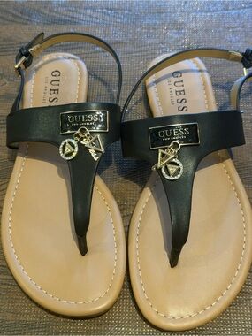 GUESS Black and Beige T-Strap Logo Charm Sandals